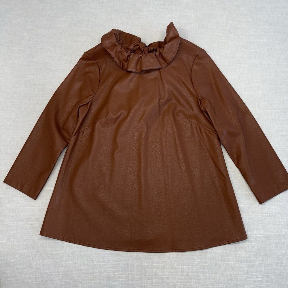 Tuckernuck Brown Coated Polyester Ruffle Neck Bow Back Blouse 3/4 Sleeve S - Picture 2 of 11